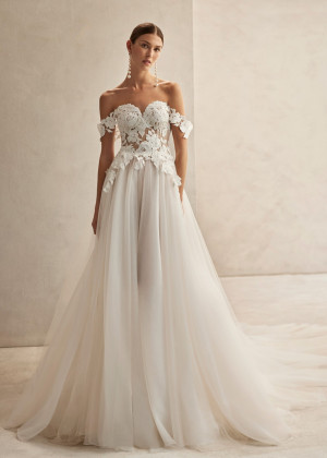 Off Shoulder Ivory Lace Tulle Corset Back Chic Wedding Dress